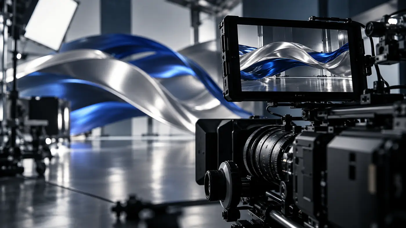 Cinema camera rig beside a flowing cobalt ribbon display on a studio set