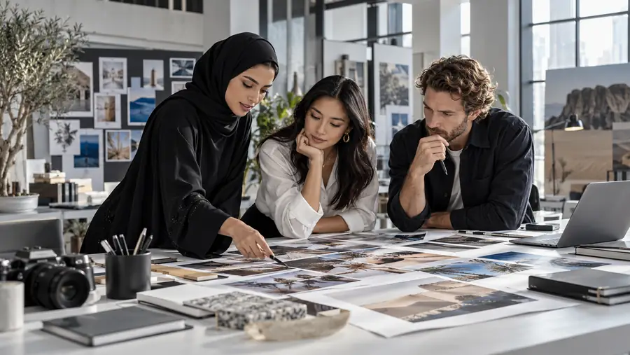 RSHD creative team reviewing printed visuals around a moodboard table in the Abu Dhabi studio