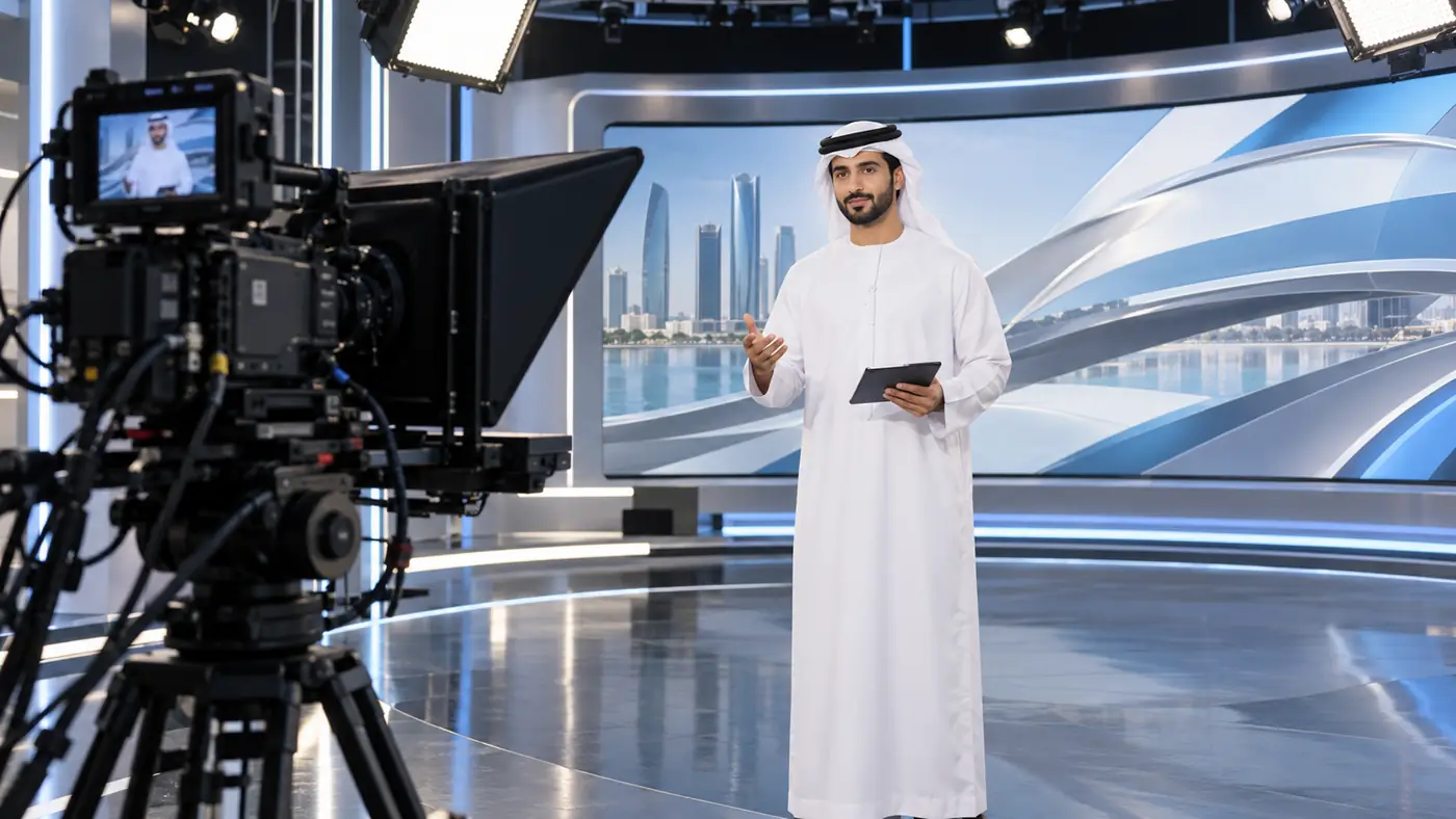 Presenter in an Emirati studio delivering a broadcast from a live visual production control room