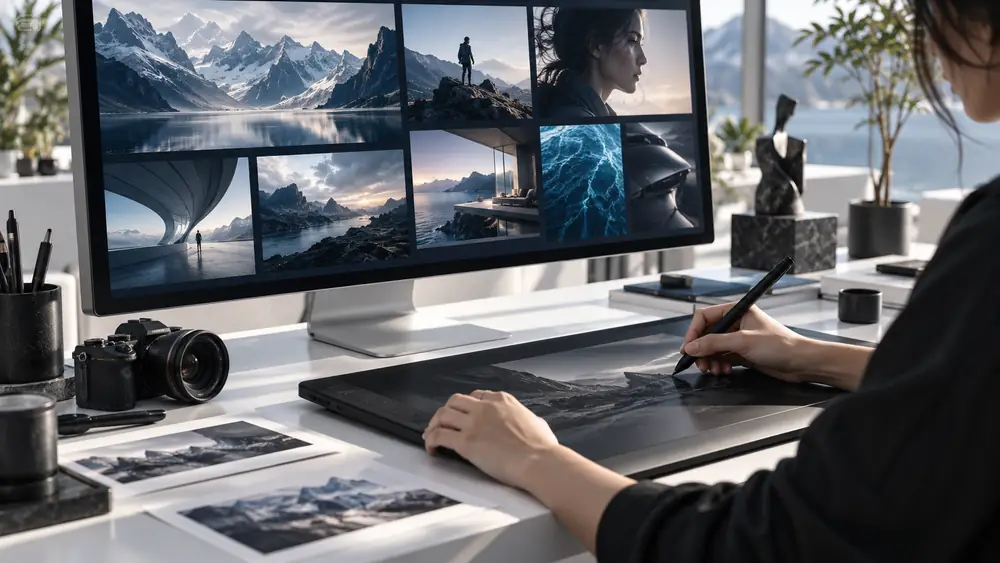 Designer's hands shaping a physical concept beside cinematic frames