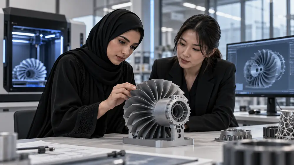 Engineers inspecting turbine design drawings at an industrial site